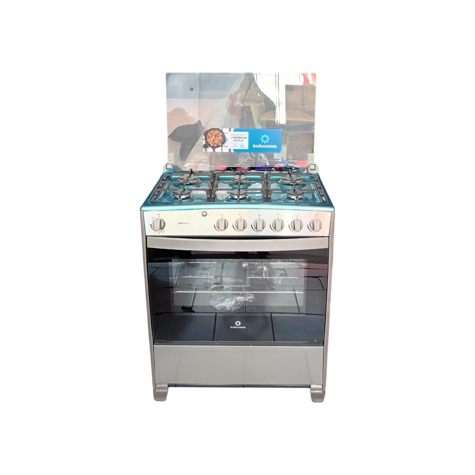 COCINA INDURAMA GRIS DE 6 QUEMADORES PARRILLAS HIERRO FUNDIDO CHISPERO TAPA DE VIDRIO