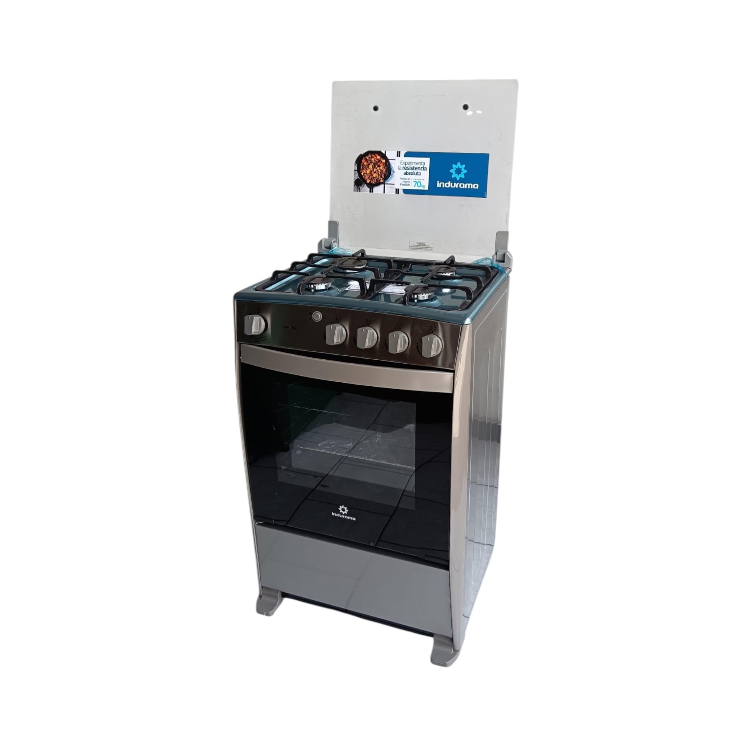 COCINA INDURAMA CORUÑA QZ DE 4 QUEMADORES PARRILLAS HIERRO CON CHISPERO Y LUZ TAPA DE VIDRIO