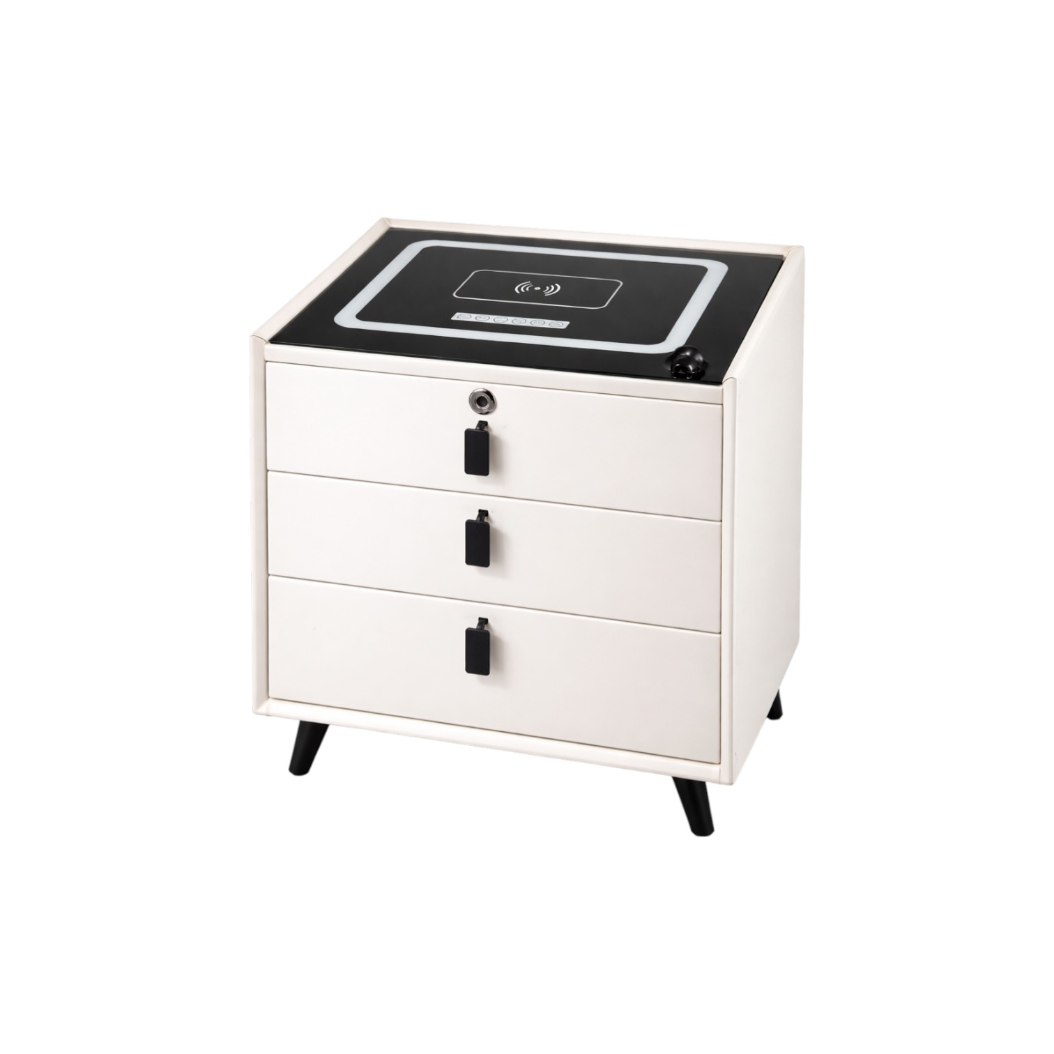 MESITA DE NOCHE BLANCA DE  3 GAVETAS  CON CARGADOR INALANBRICO CON BLUETOOTH, TACTIL LUCES LED ENTRADA USB