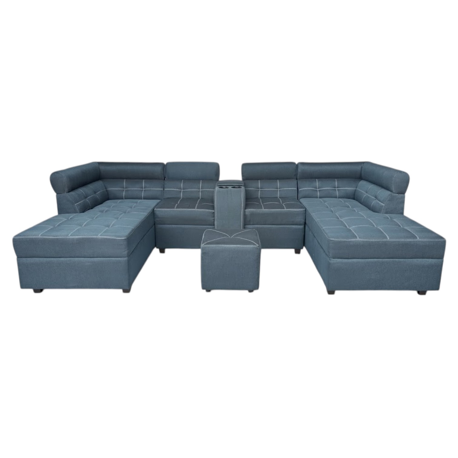SOFA CAMA CON  PORTAVASO EN U COLOR AZUL CON BUTACA
